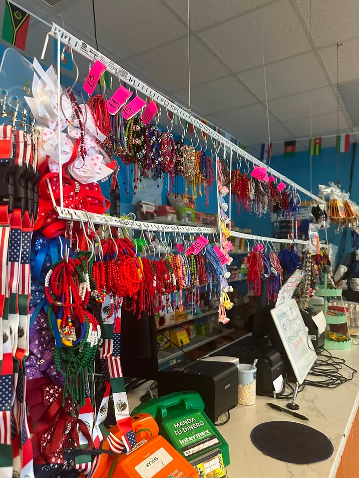 Colorful accessories and flags at the counter