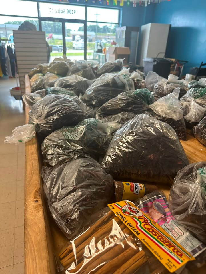 Bags of dried spices and herbs